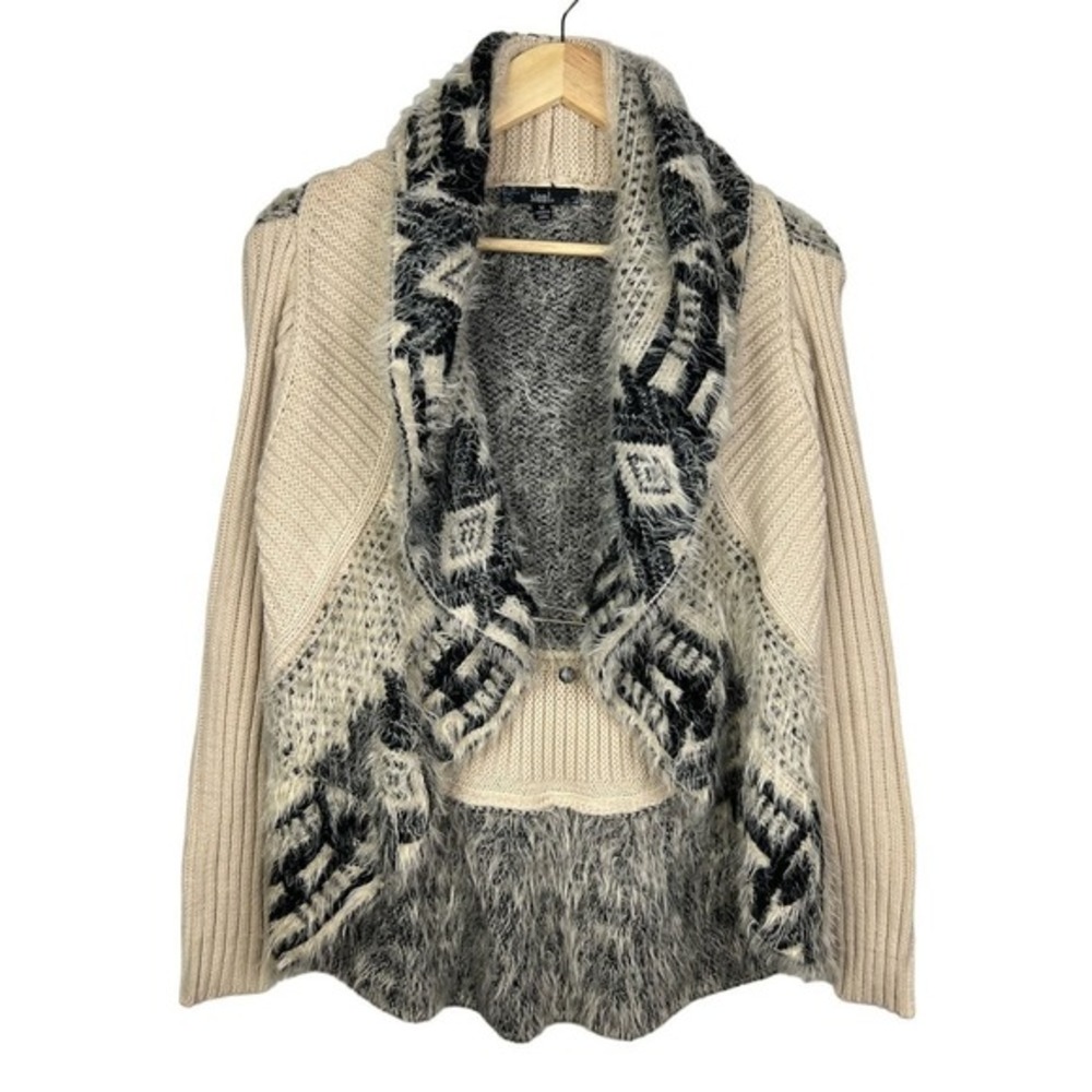 SIONI‎ Wool Blend Cream/Black Long Sleeve Knit Eyelash Tribal Boho Cardigan Med